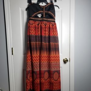 Sans Souci red rust maxi strapless chiffon dress